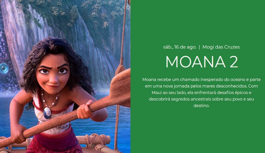 Filme Moana 2 será exibido neste sábado, dia 16 de agosto, com a entrada gratuita. Não é necessário retirar ingressos antecipadamente (Divulgação/PMMC)