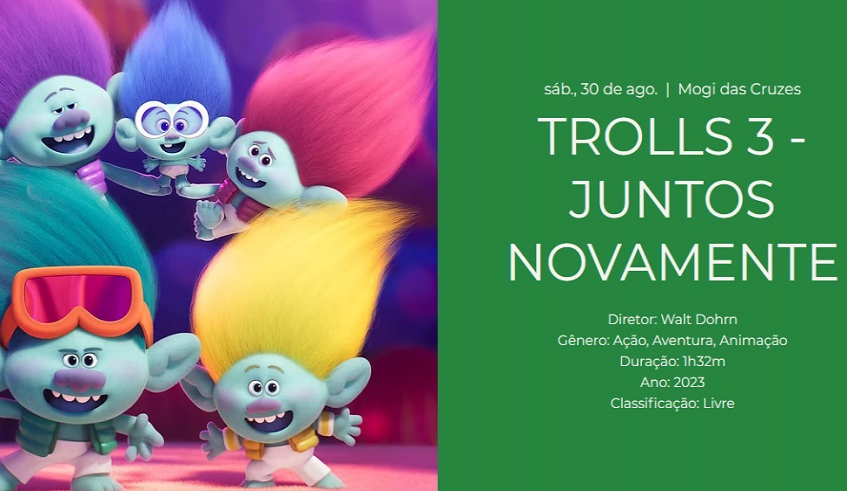 No dia 30 de agosto, será a vez do Filme Trolls 3 - Juntos Novamente animar os moradores de Jundiapeba, com entrada grátis e pipoca (Divulgação/PMMC)