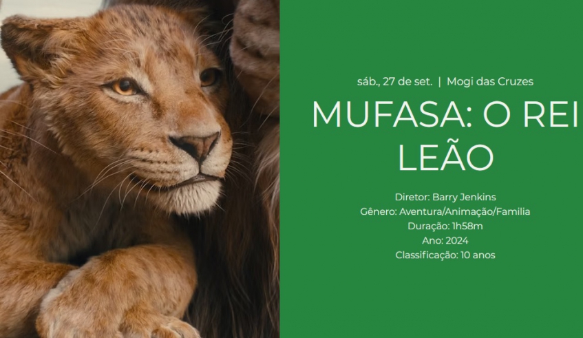 Projeto Cinema na Praça exibirá o filme “Mufasa: O Rei Leão” neste sábado (27/9), no Parque da Cidade, na última edição da iniciativa neste ano