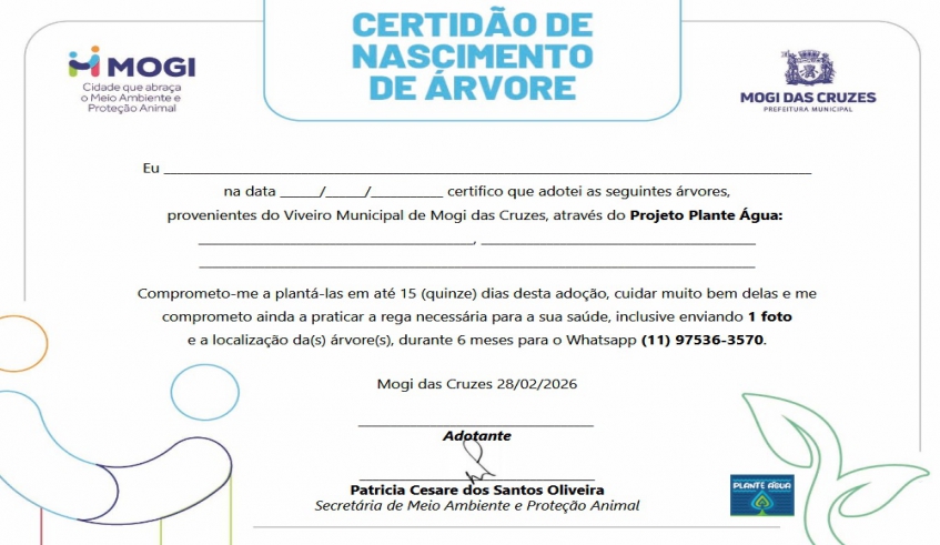 Uma novidade do Projeto Resíduo Vira Muda será a Certidão de Nascimento de Árvore, que acompanhará cada muda adotada (Divulgação/PMMC)
